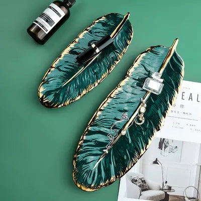 Golden Rim Dark Green Feather Tray