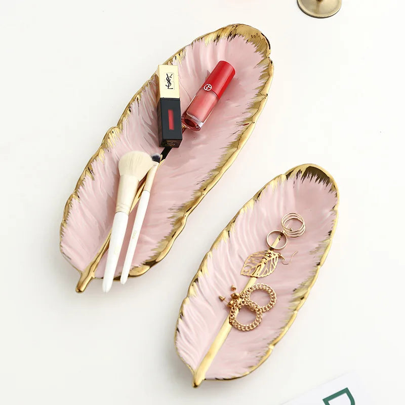 Golden Rim Pink Feather Tray