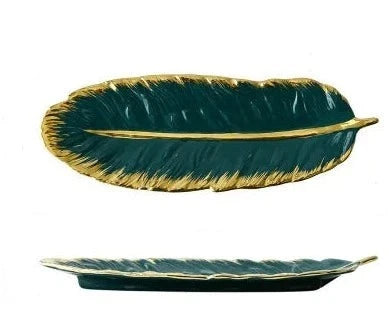 Golden Rim Dark Green Feather Tray