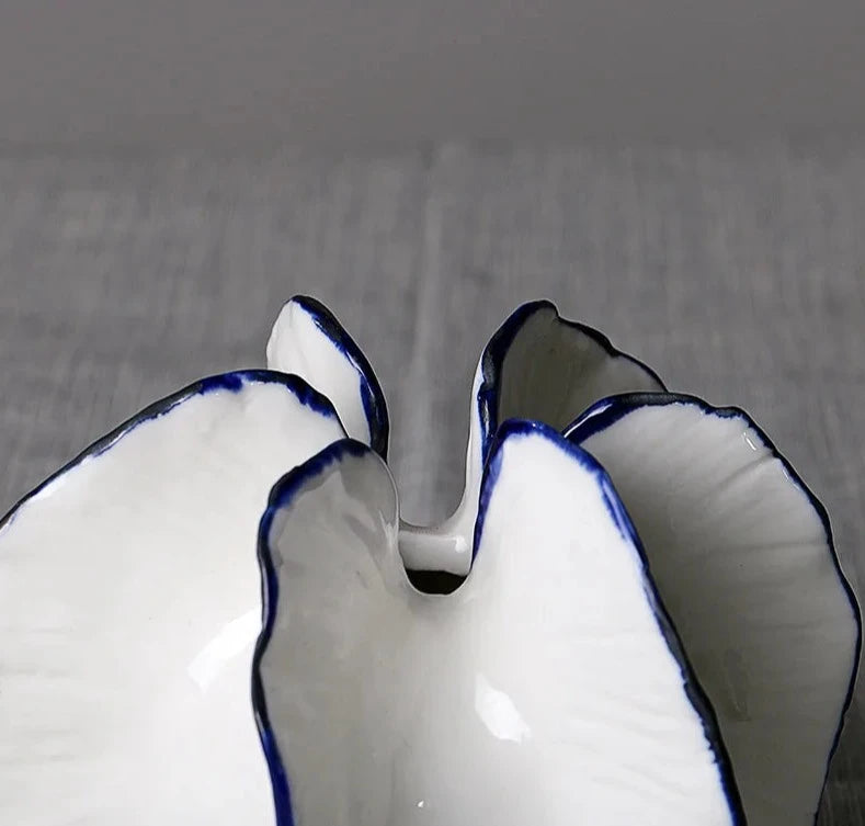 Detail of Small White with Blue Edges Crafty Ceramic Vase