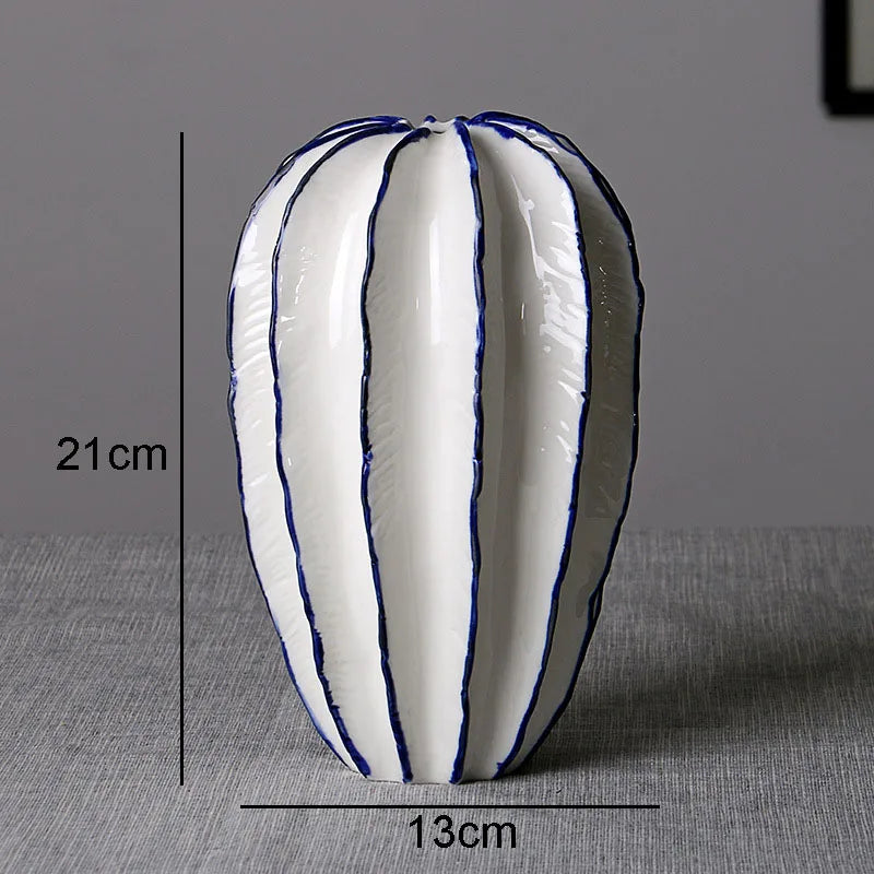 Large White with Blue Edges Crafty Ceramic Vase