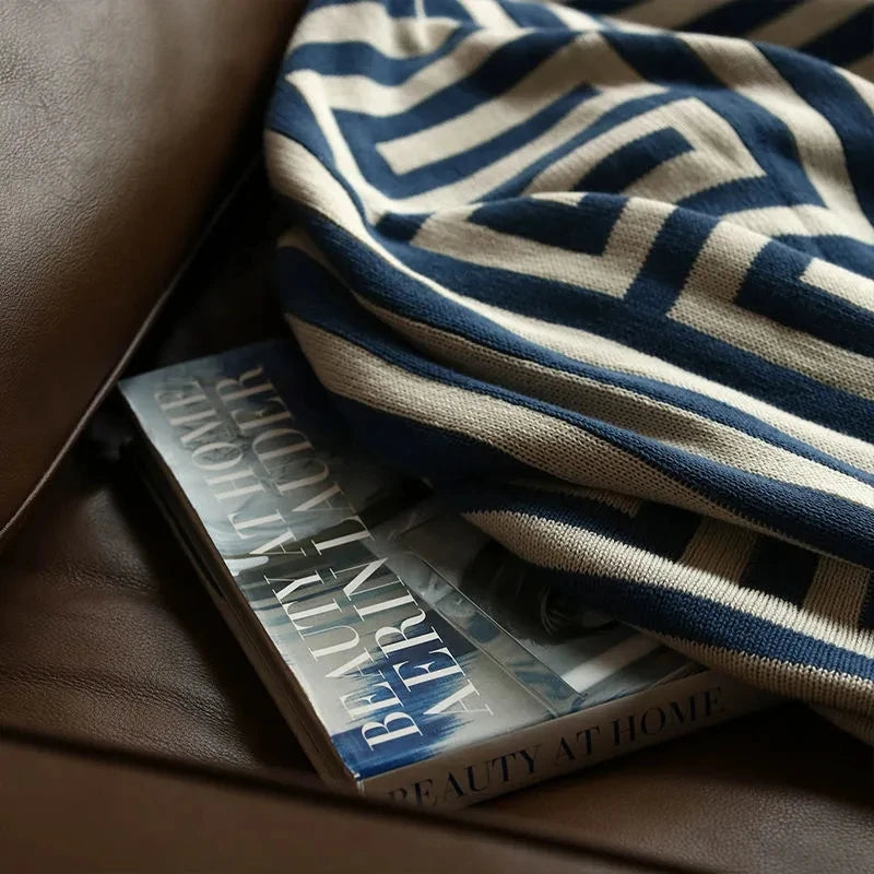 Blue Geometric Knitted Blanket Detail