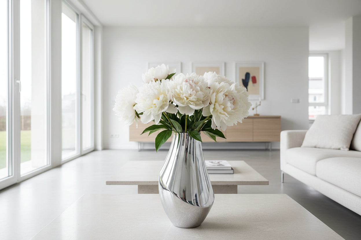Close-up of polished metal flower vase
