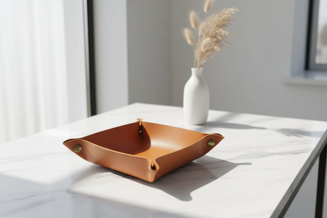 Brown PU leather tray minimalist home organization