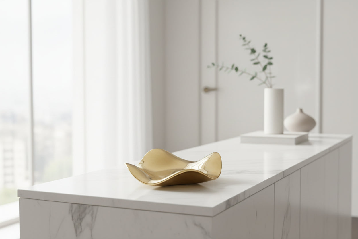 Close-up of elegant glossy gold jewelry tray
