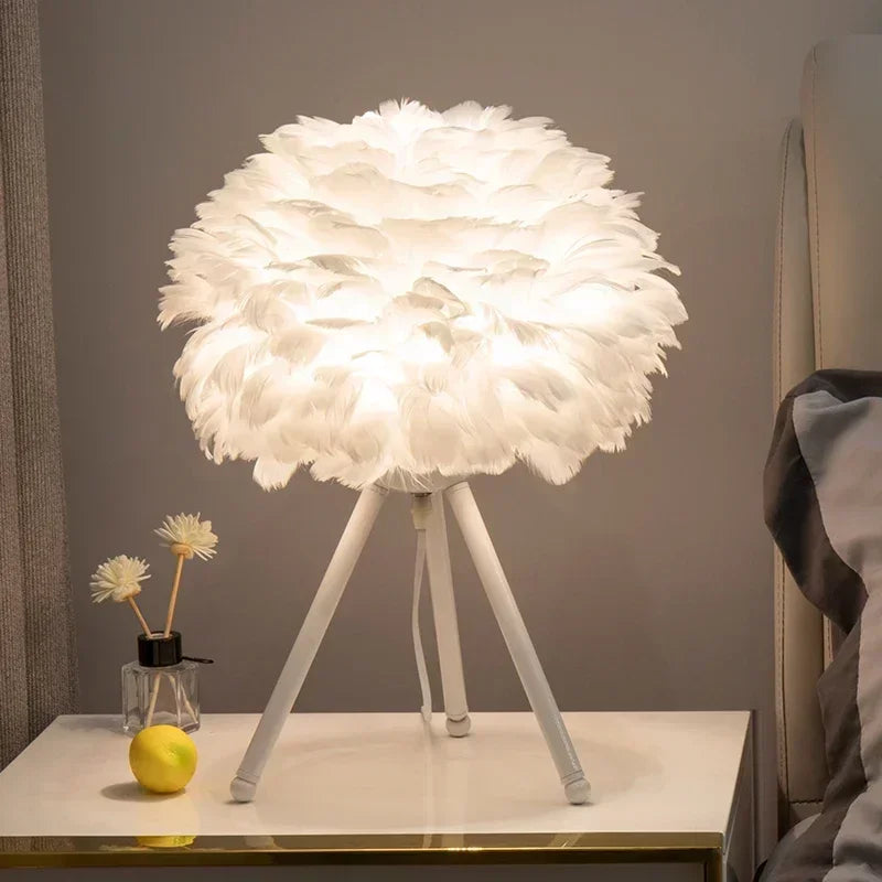 White Feather Table Lamp with White Tripod