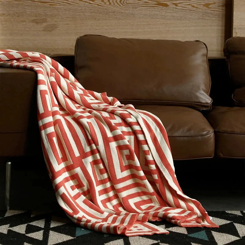 Red Geometric Knitted Blanket