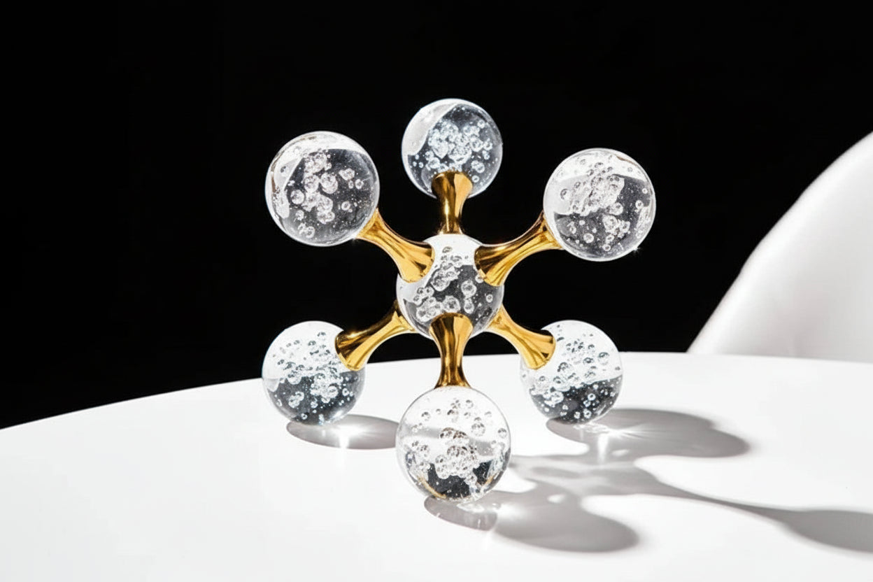 Close-up of large creative glass molecule decor detail