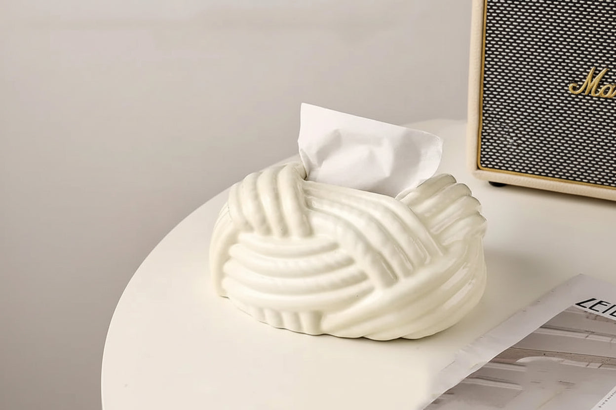 Minimalist beige tissue holder on vanity table