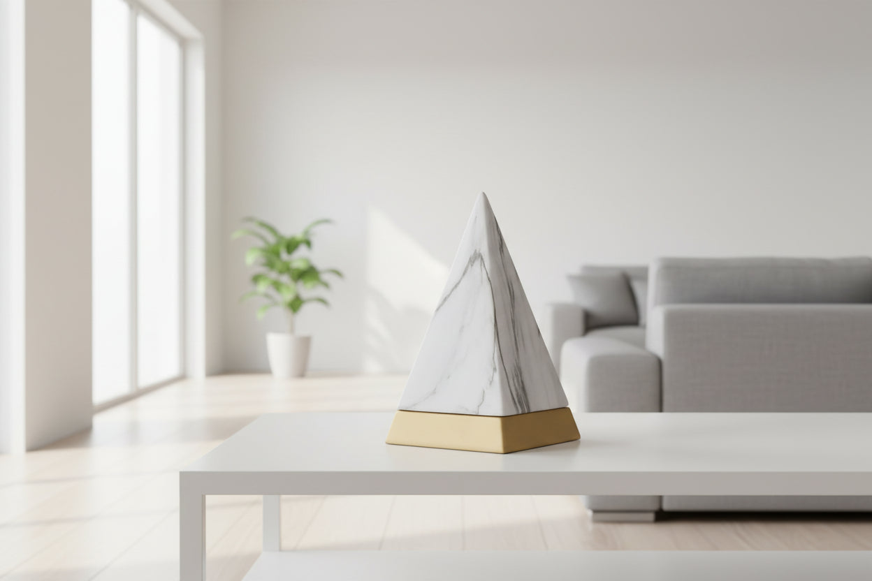 Close-up of white large creative pyramid decor