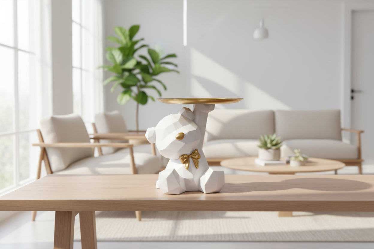 Close-up of white geometric bear statue detail