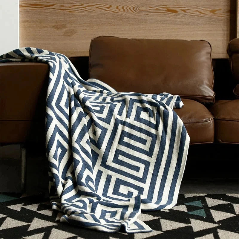 Blue Geometric Knitted Blanket