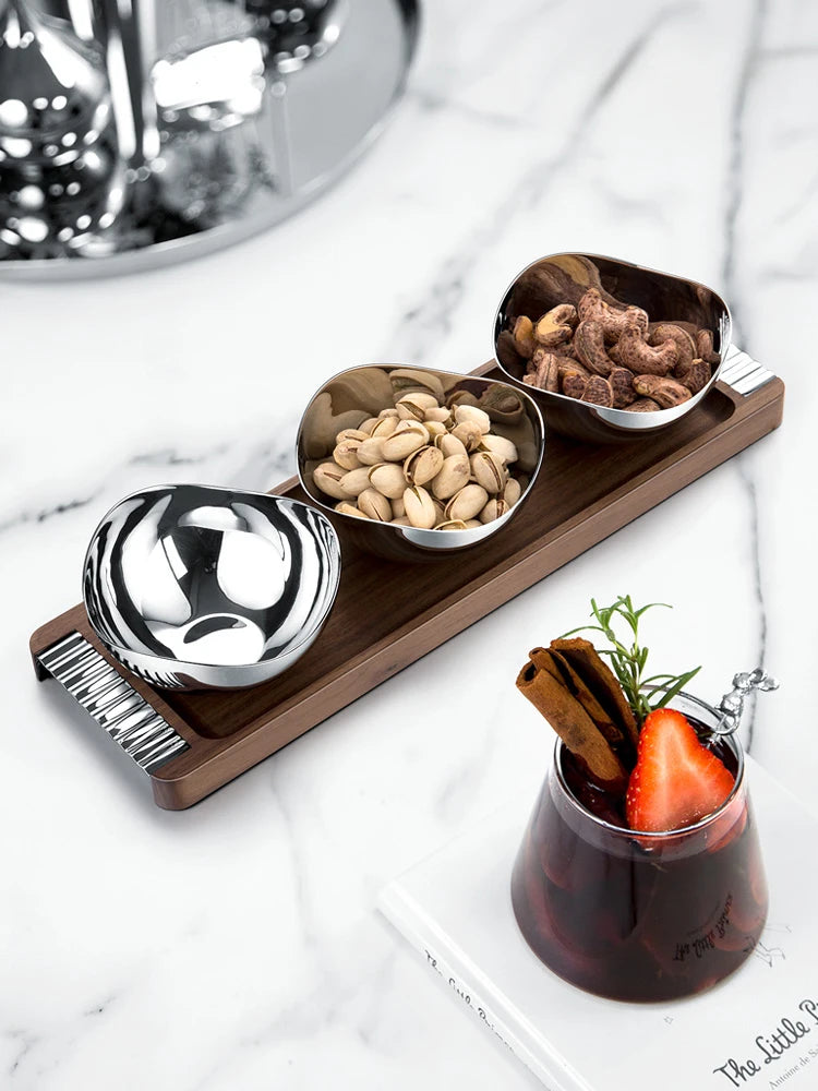 Stainless steel bowls with wooden tray serving set decor