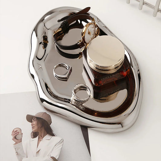 Ceramic jewelry tray with metallic accent for dresser decor