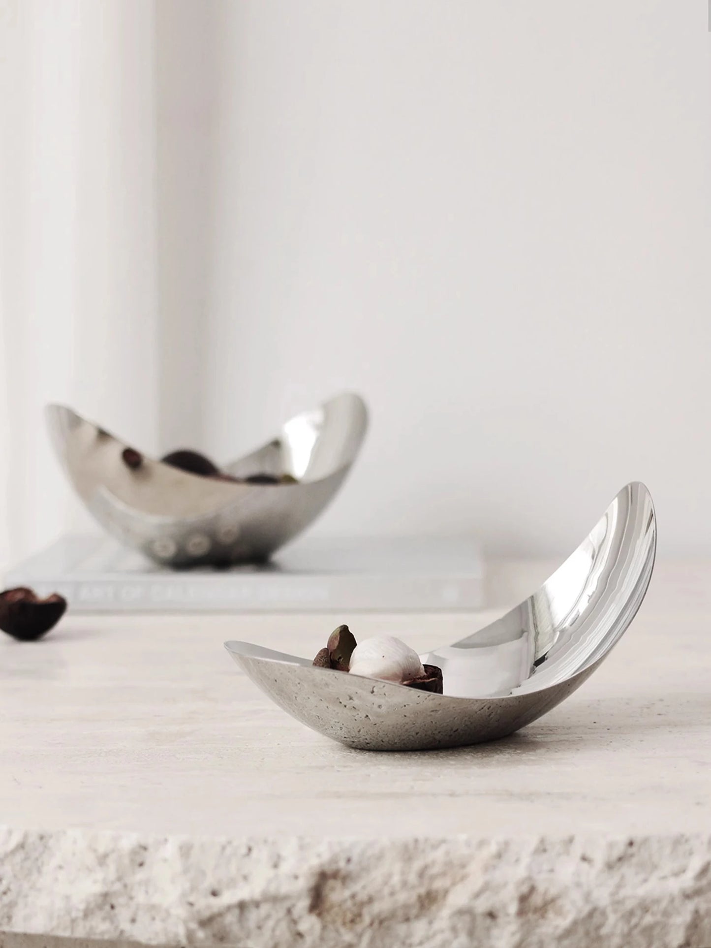 Sculptural stainless steel fruit bowl petal design decor