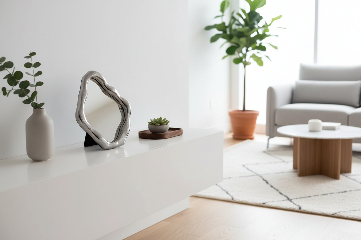 Contemporary framed mirror with a silver frame