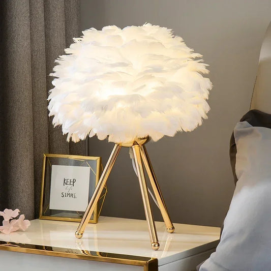 White Feather Table Lamp with Gold Tripod