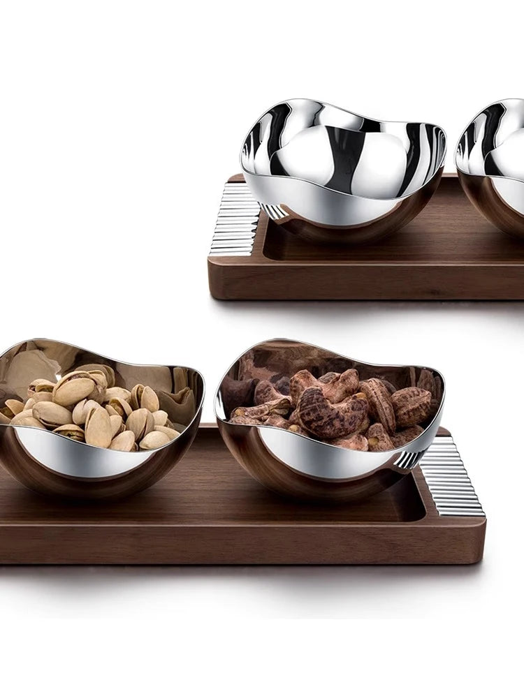 Modern metal bowls snack serving tray walnut base