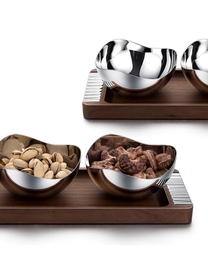 Modern metal bowls snack serving tray walnut base