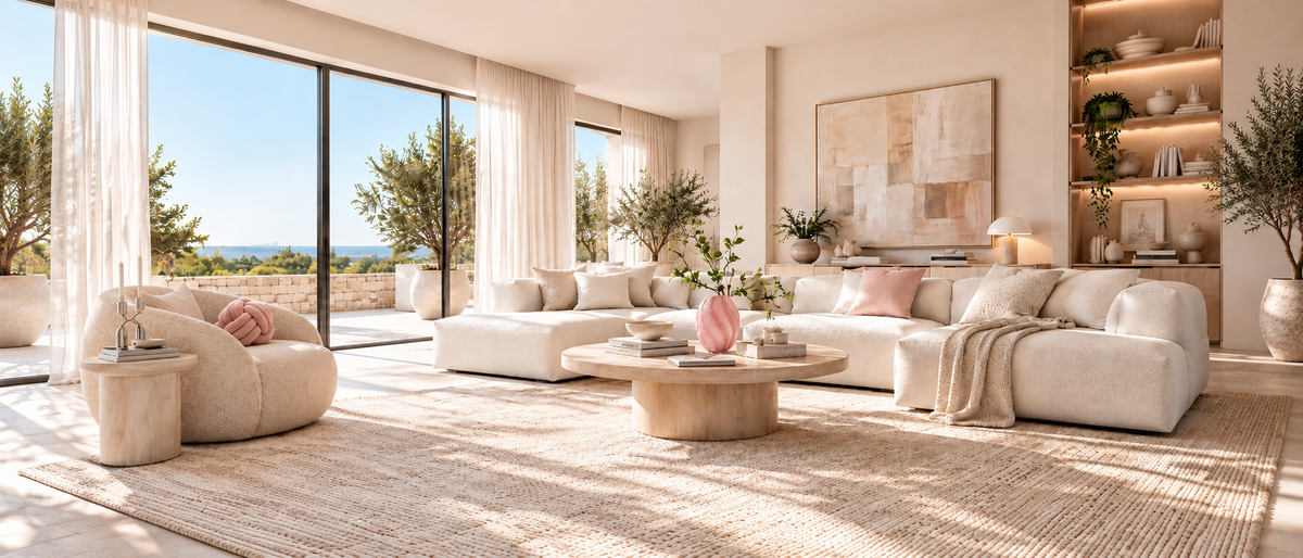 A bright, modern living room with a large cream sofa, matching armchair, round wooden coffee table and woven rug. Large floor-to-ceiling windows offer a view of trees and blue sky, and built-in shelving with warm lighting is visible on the right.