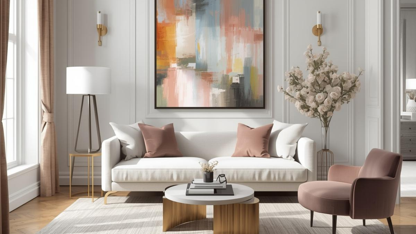 Modern elegant living room decor with soft lighting and colorful home decor items