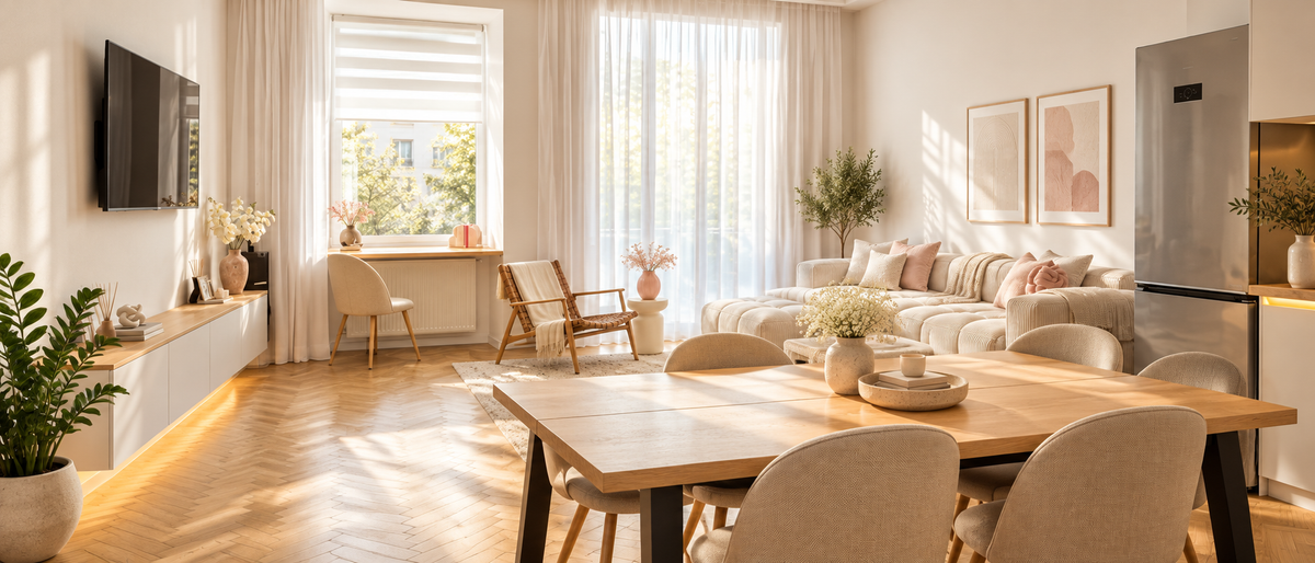 A bright, modern open-plan living and dining room with warm sunlight streaming through sheer curtains. The space features a light wood dining table with beige upholstered chairs, a cream sectional sofa with pink and beige pillows, a wall-mounted TV, and a stainless steel refrigerator.